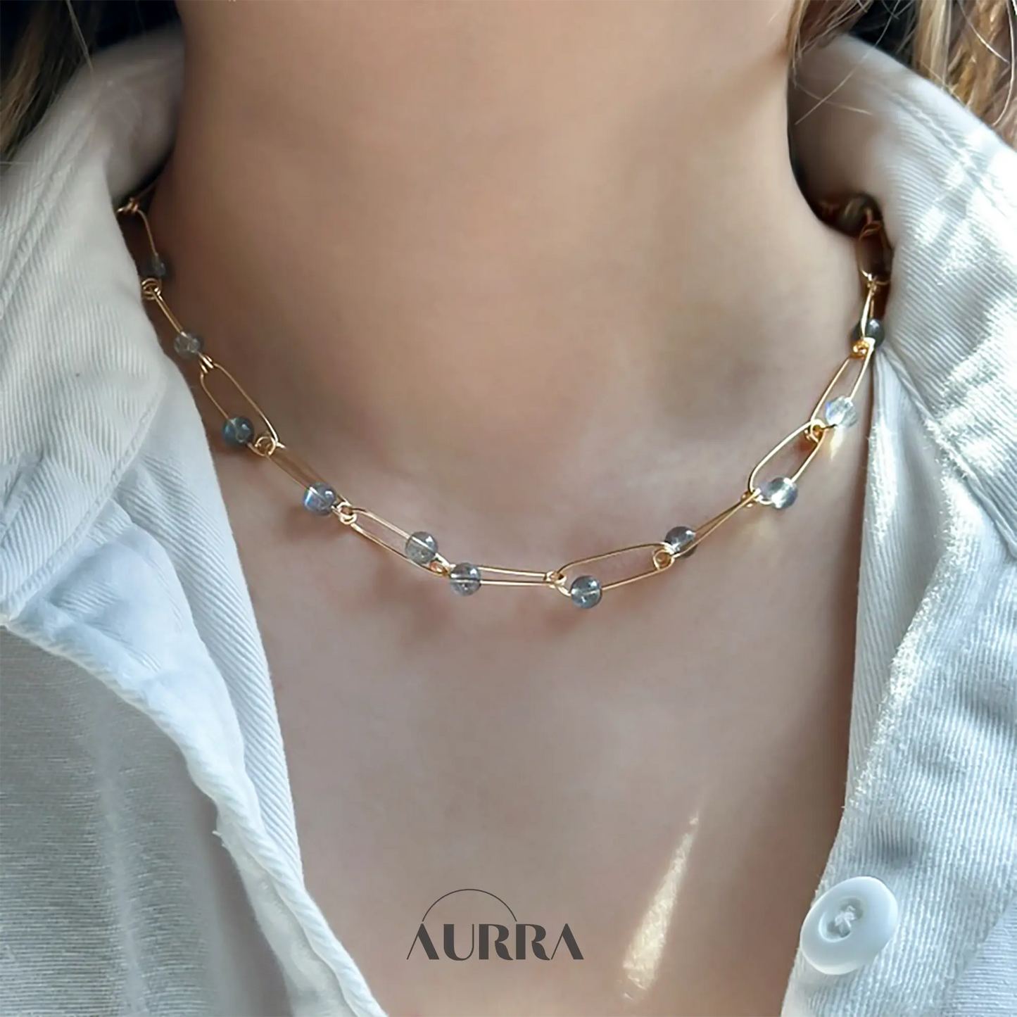 Calmness | 18 inch Hand-wired Labradorite Safety Pin Necklace Aurra Crystal