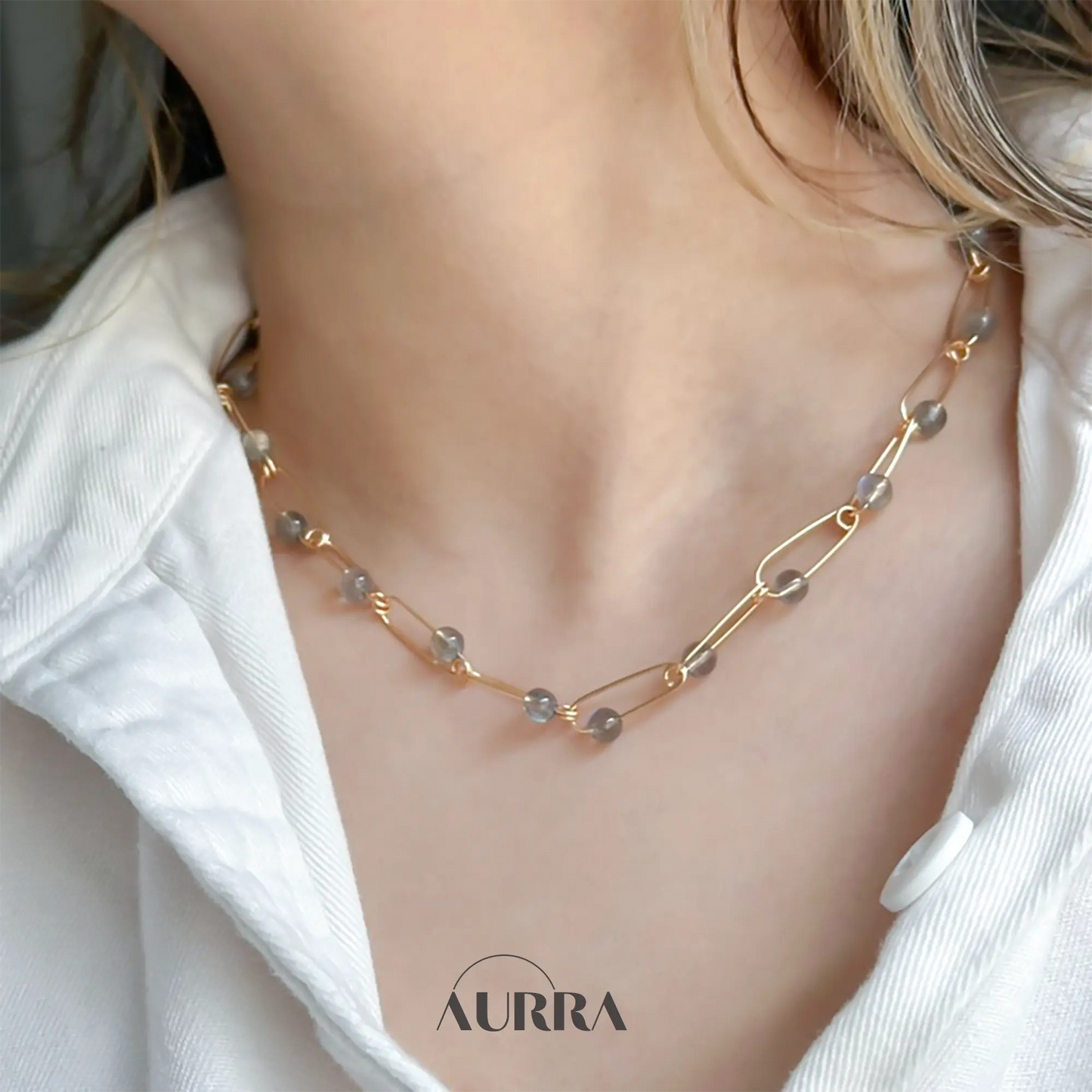 Calmness | 18 inch Hand-wired Labradorite Safety Pin Necklace Aurra Crystal