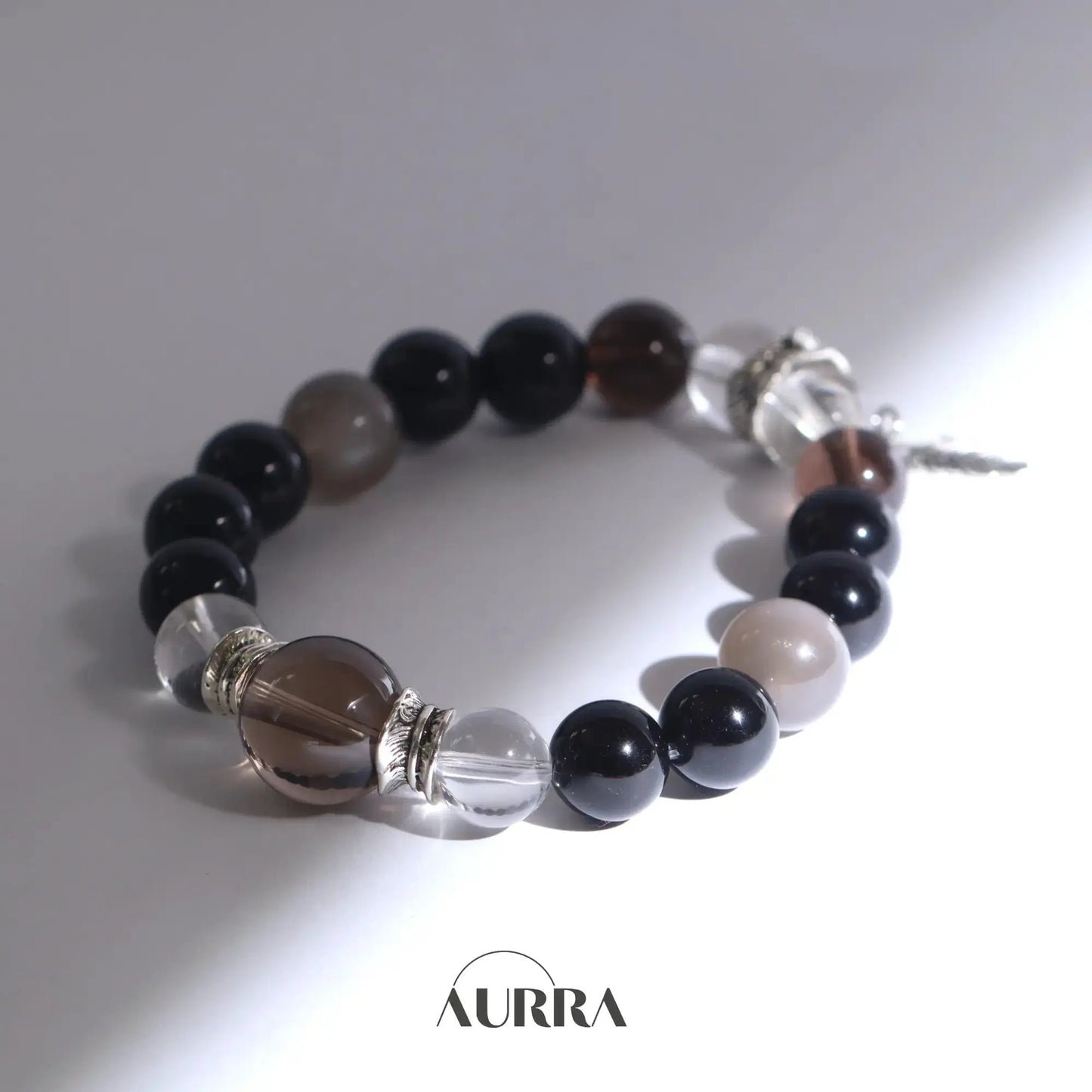 Protection| Black Obsidian, Smoky Quartz and Silver Moonstone Bracelet Aurra Crystal