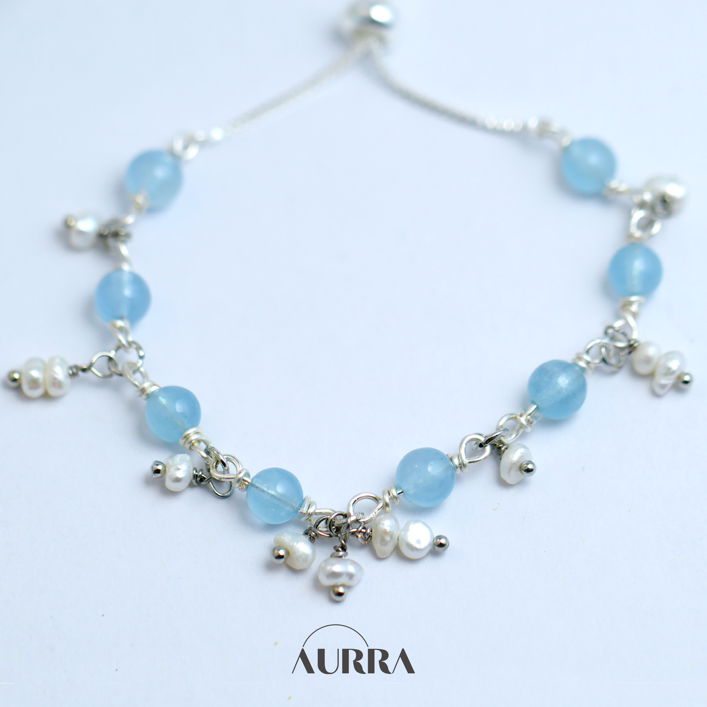 Ocean Whisper | Aquamarine & Pearl Wire-Wrapped Link Bracelet