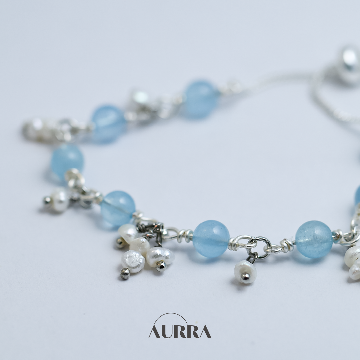 Ocean Whisper | Aquamarine & Pearl Wire-Wrapped Link Bracelet