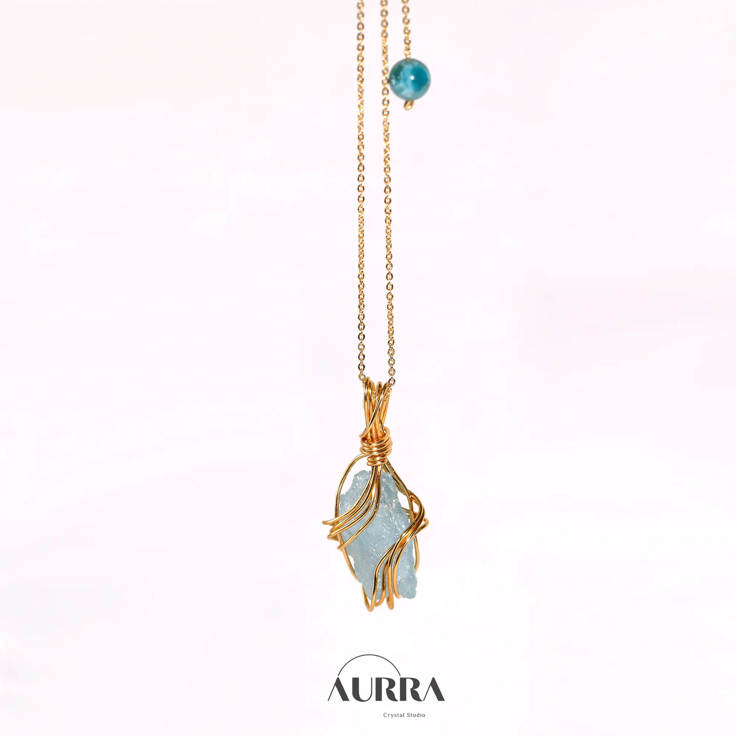Stress Relief | Hand - wired & Adjustable Length Natural Aquamarine Necklace - Aurra Crystal