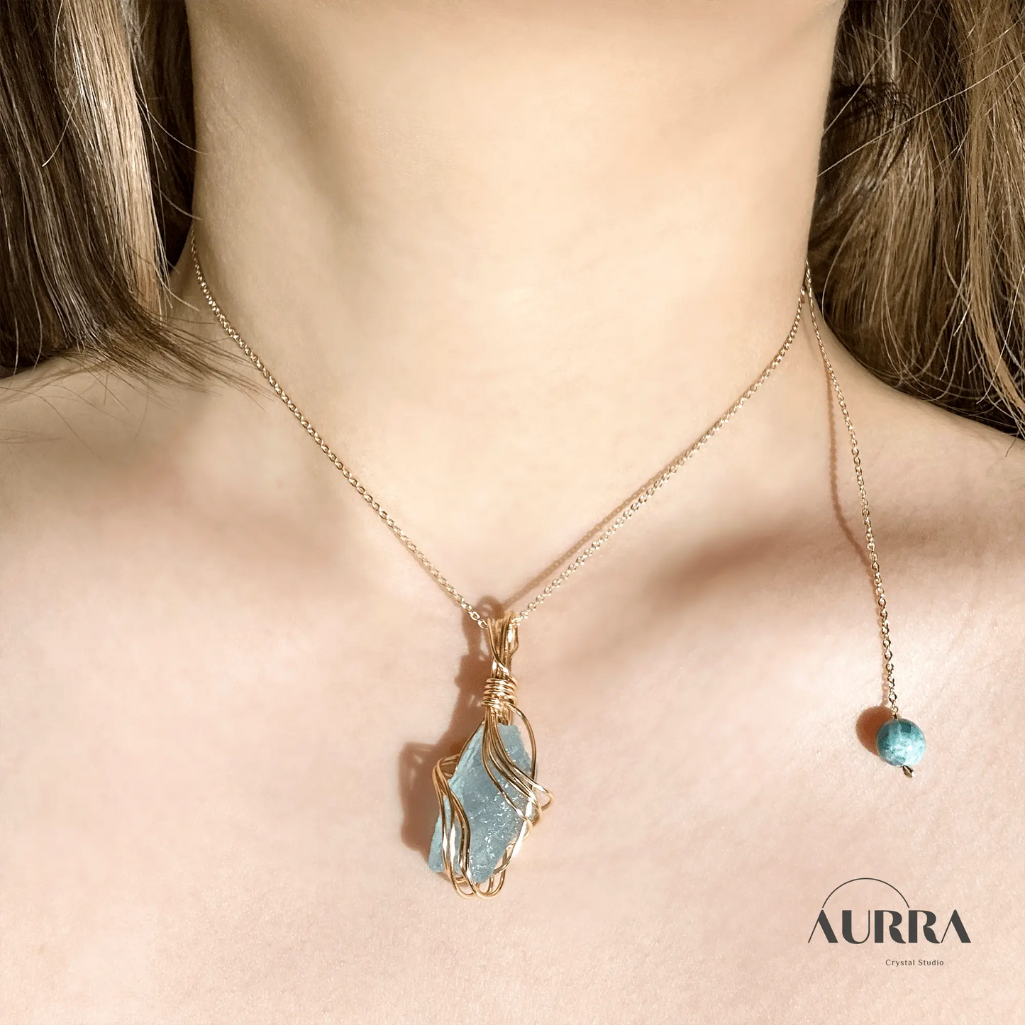 Stress Relief | Hand - wired & Adjustable Length Natural Aquamarine Necklace - Aurra Crystal