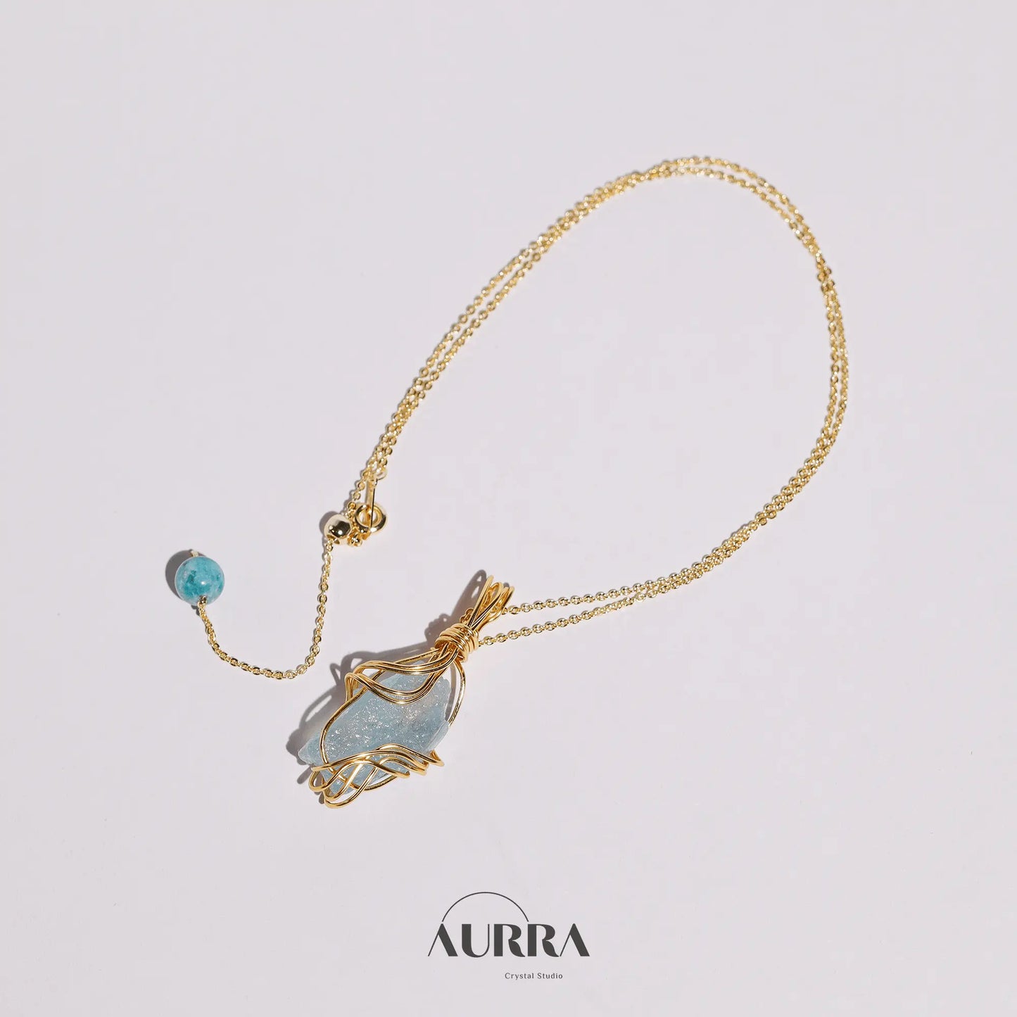 Stress Relief | Hand - wired & Adjustable Length Natural Aquamarine Necklace - Aurra Crystal