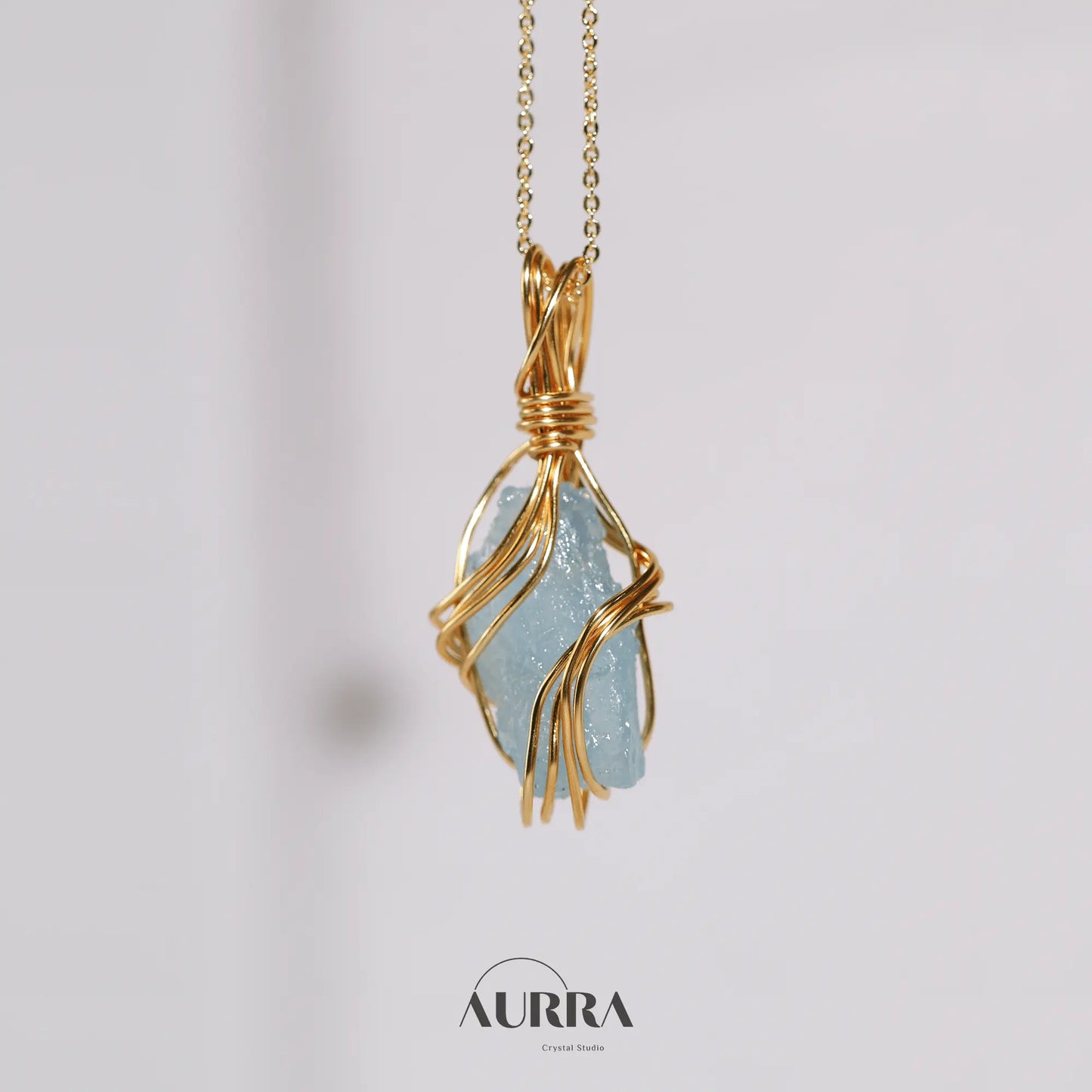 Stress Relief | Hand - wired & Adjustable Length Natural Aquamarine Necklace - Aurra Crystal