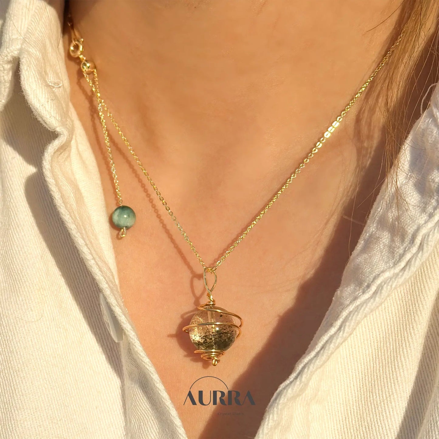 Career Growth & Abundance | Green Phantom Quartz Planet Necklace - Aurra Crystal
