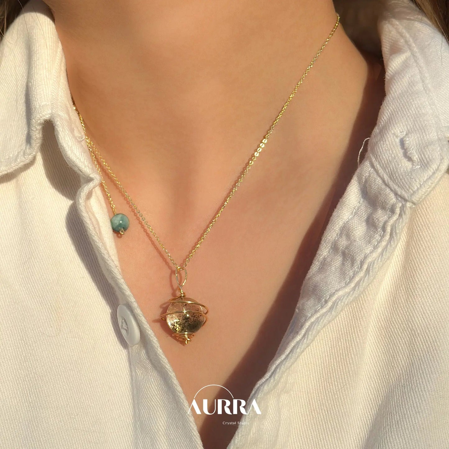 Career Growth & Abundance | Green Phantom Quartz Planet Necklace - Aurra Crystal
