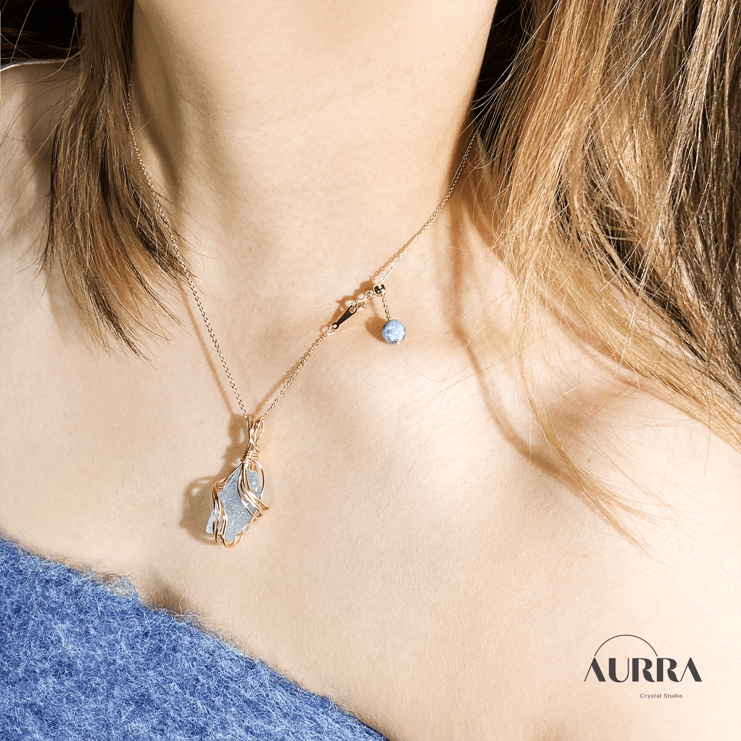 Stress Relief | Hand - wired & Adjustable Length Natural Aquamarine Necklace - Aurra Crystal