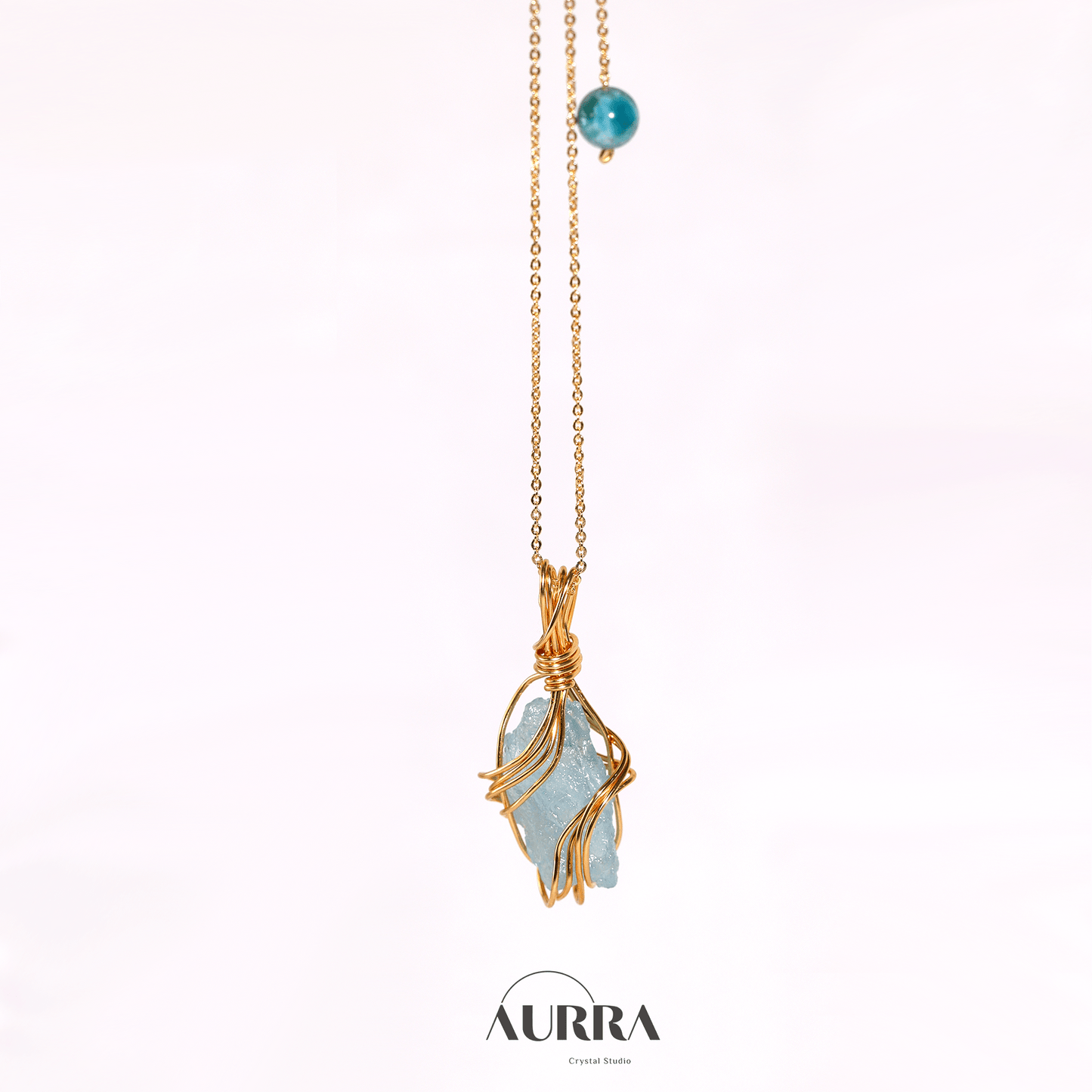 Stress Relief | Hand - wired & Adjustable Length Natural Aquamarine Necklace - Aurra Crystal