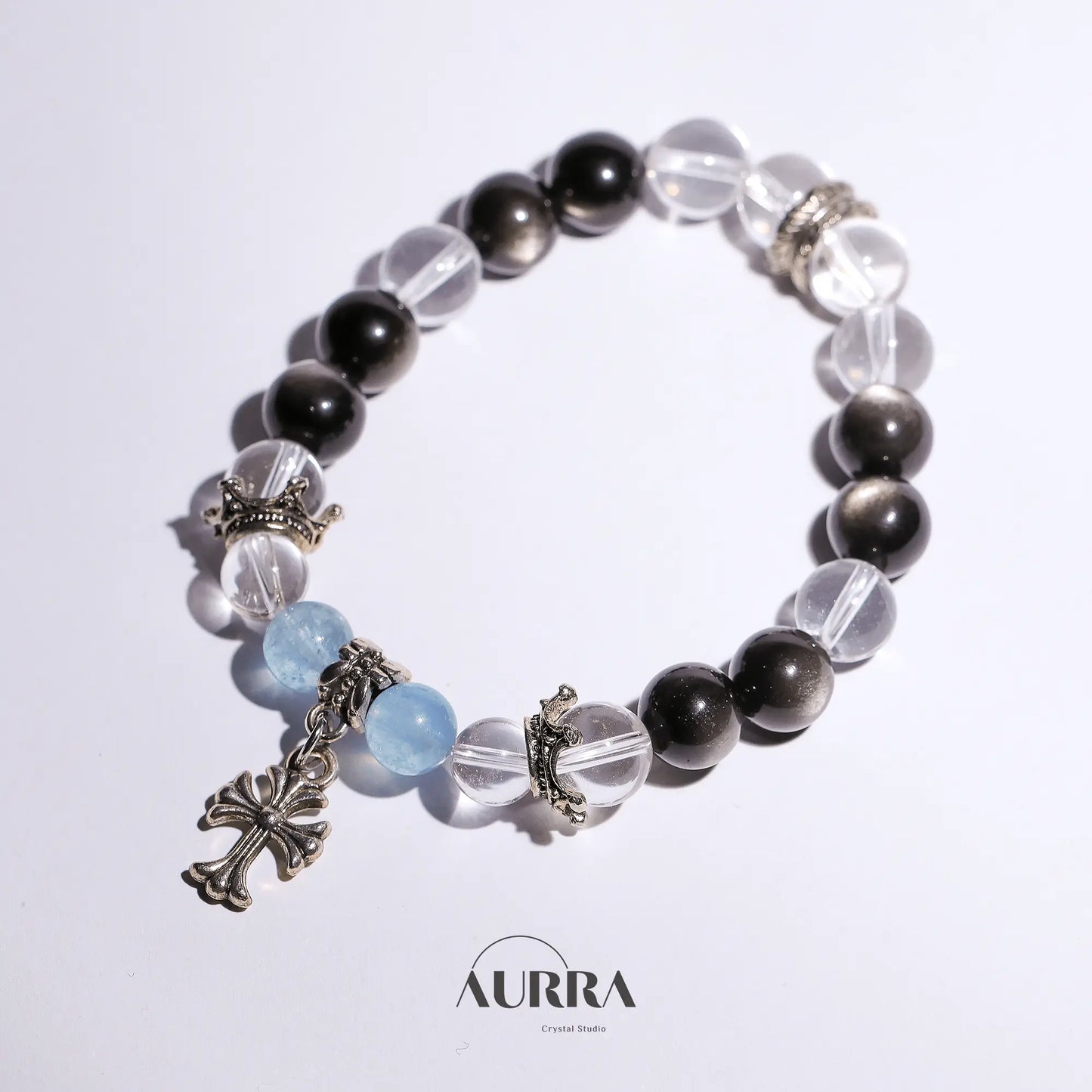 Increase Self Confidence | Aquamarine & Silver Obsidian Bracelet - Aurra Crystal