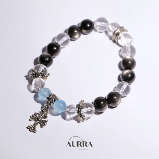 Increase Self Confidence | Aquamarine & Silver Obsidian Bracelet - Aurra Crystal