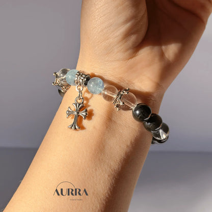 Increase Self Confidence | Aquamarine & Silver Obsidian Bracelet - Aurra Crystal