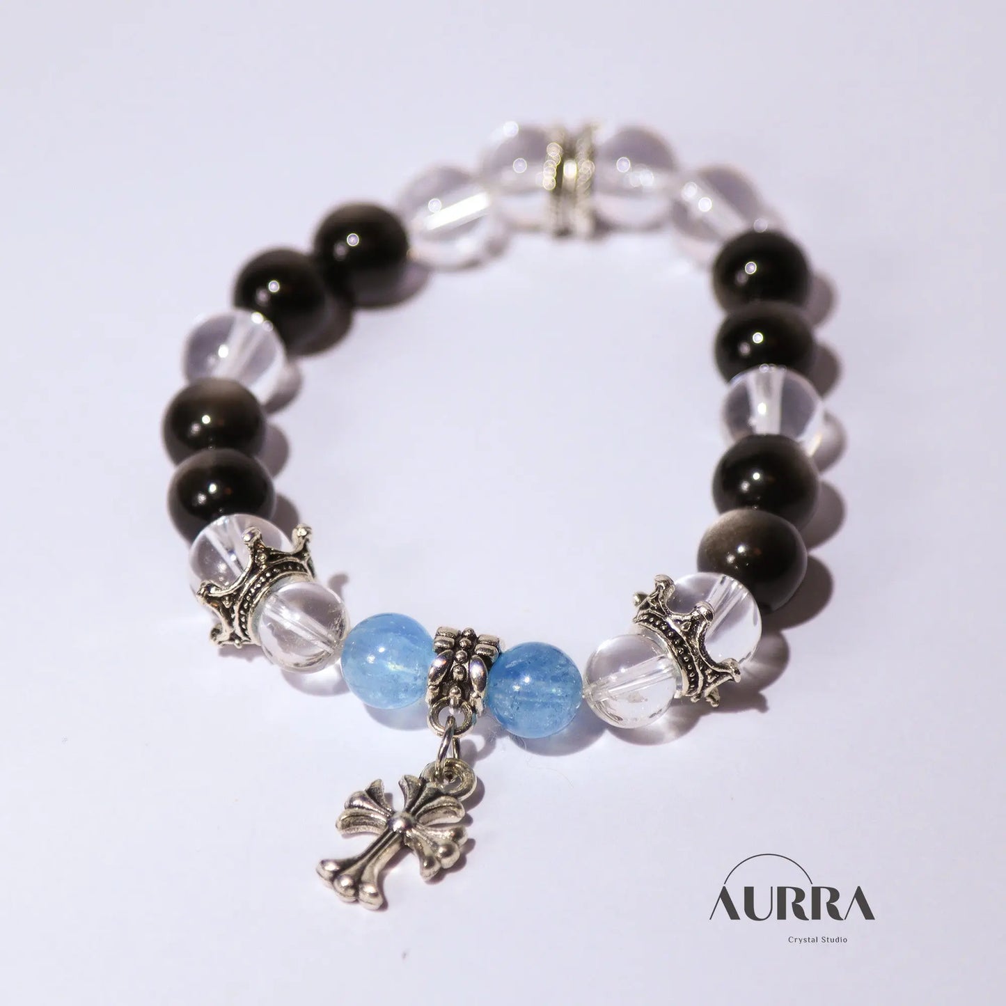Increase Self Confidence | Aquamarine & Silver Obsidian Bracelet - Aurra Crystal
