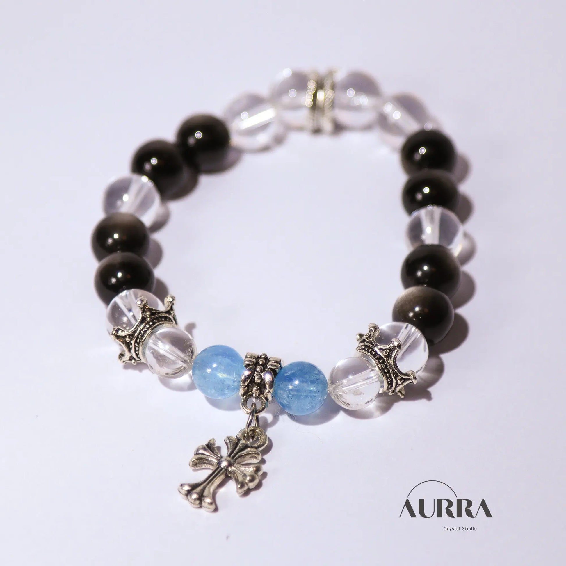 Increase Self Confidence | Aquamarine & Silver Obsidian Bracelet - Aurra Crystal