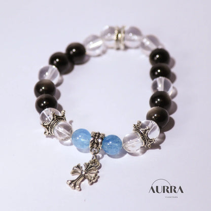 Increase Self Confidence | Aquamarine & Silver Obsidian Bracelet - Aurra Crystal