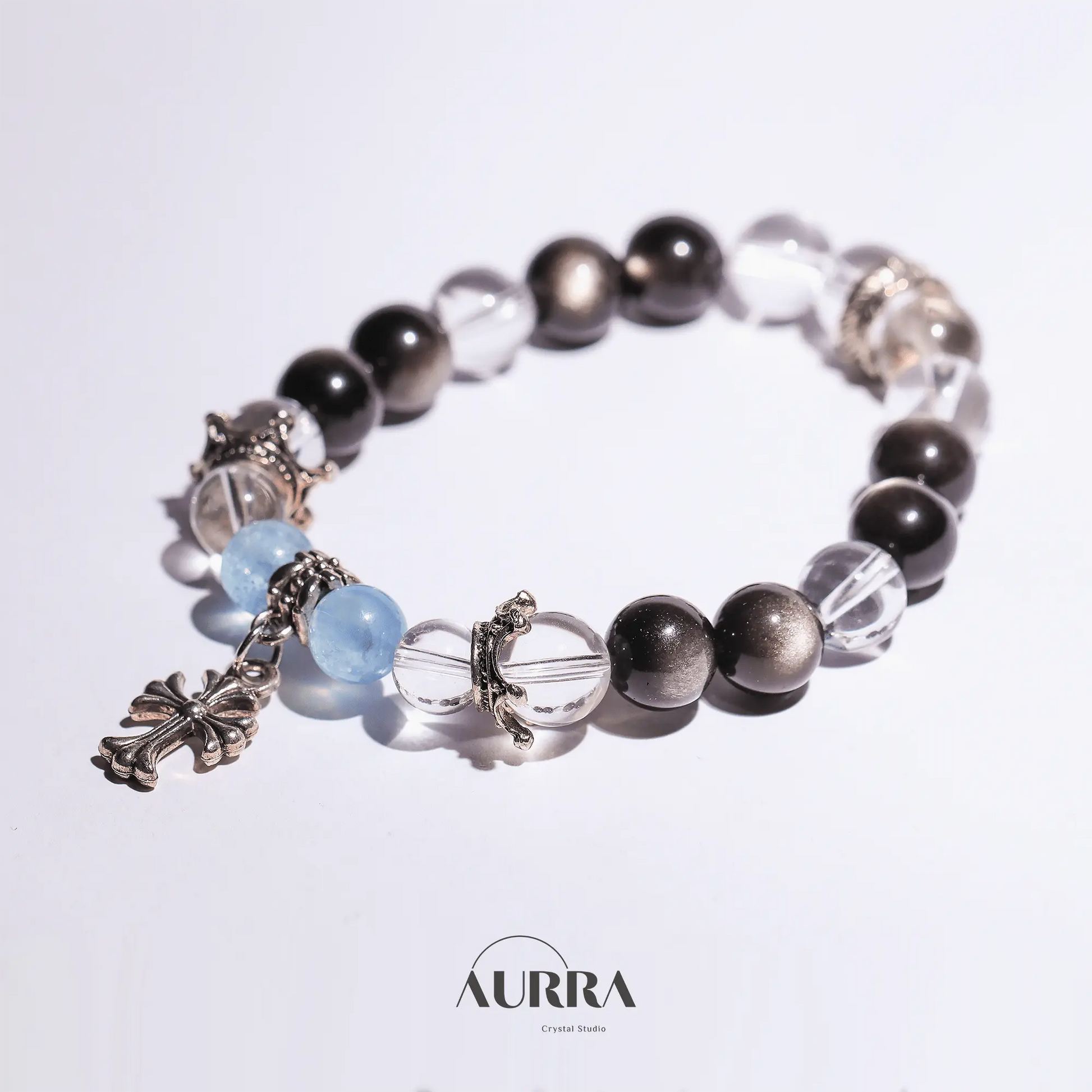 Increase Self Confidence | Aquamarine & Silver Obsidian Bracelet - Aurra Crystal