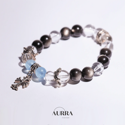 Increase Self Confidence | Aquamarine & Silver Obsidian Bracelet - Aurra Crystal
