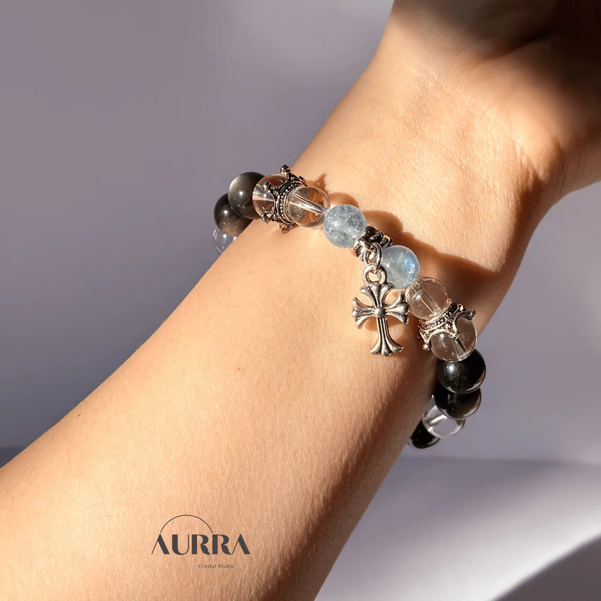 Increase Self Confidence | Aquamarine & Silver Obsidian Bracelet - Aurra Crystal