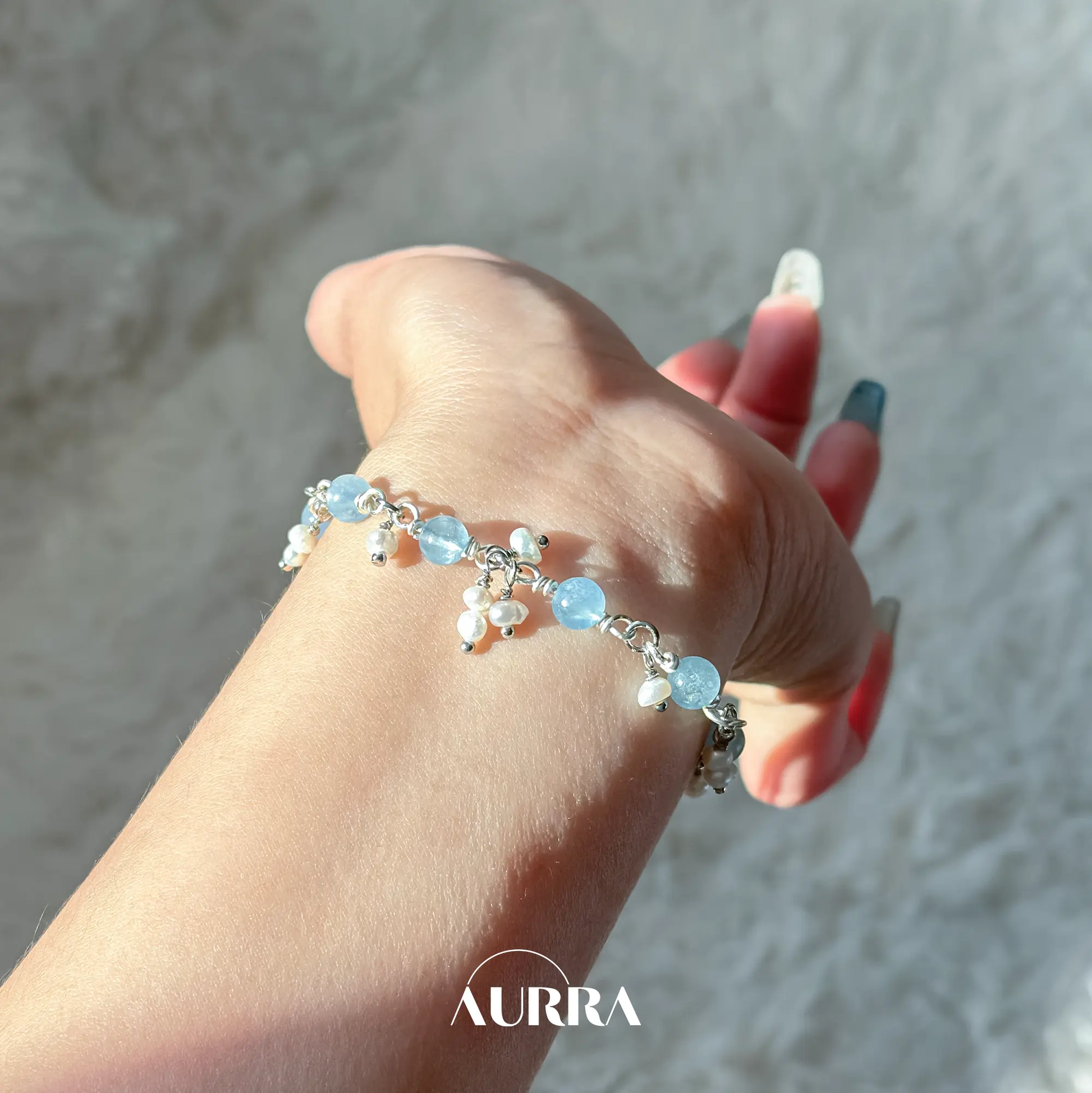 Ocean Whisper | Aquamarine & Pearl Wire-Wrapped Link Bracelet  Aurra Crystal