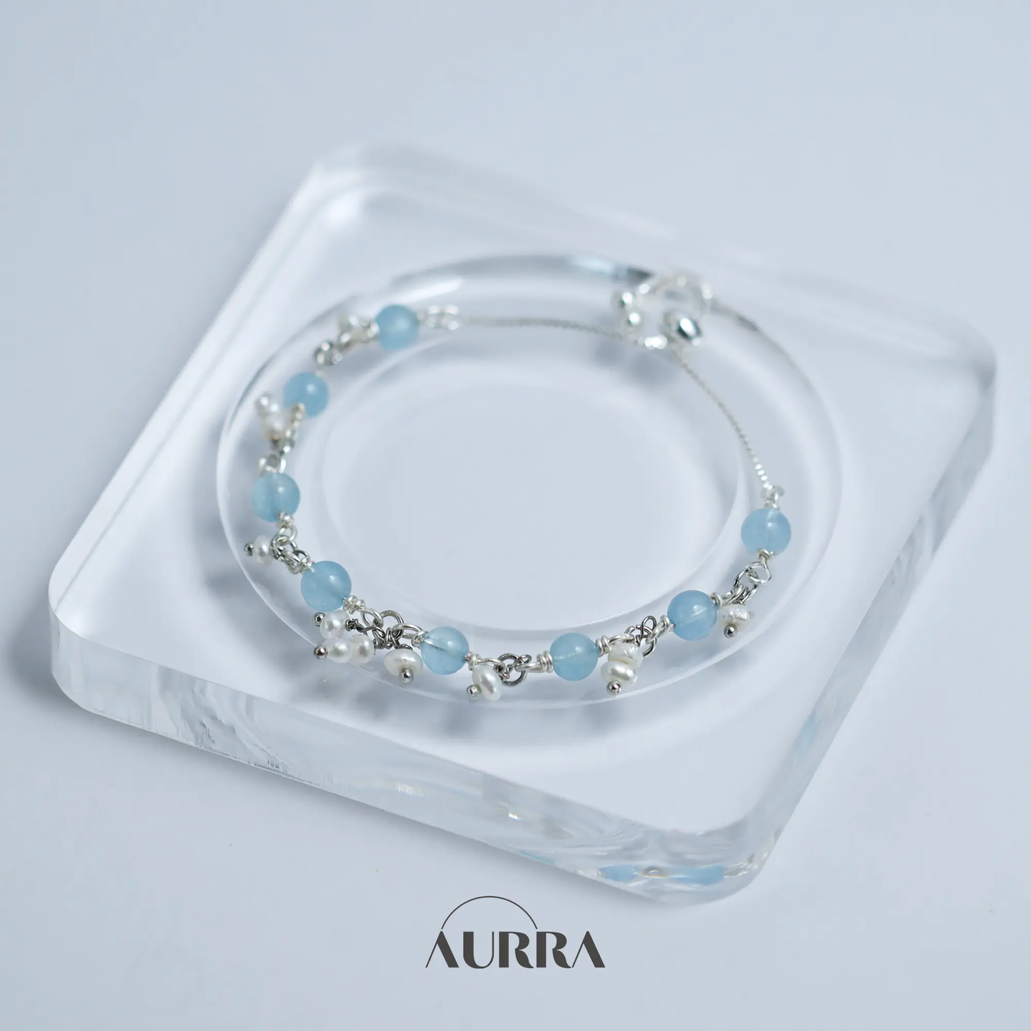 Ocean Whisper | Aquamarine & Pearl Wire-Wrapped Link Bracelet  Aurra Crystal