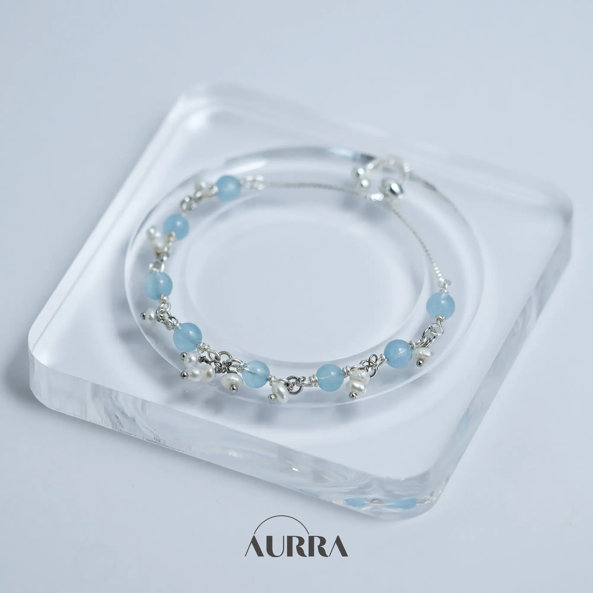 Ocean Whisper | Aquamarine & Pearl Wire-Wrapped Link Bracelet  Aurra Crystal