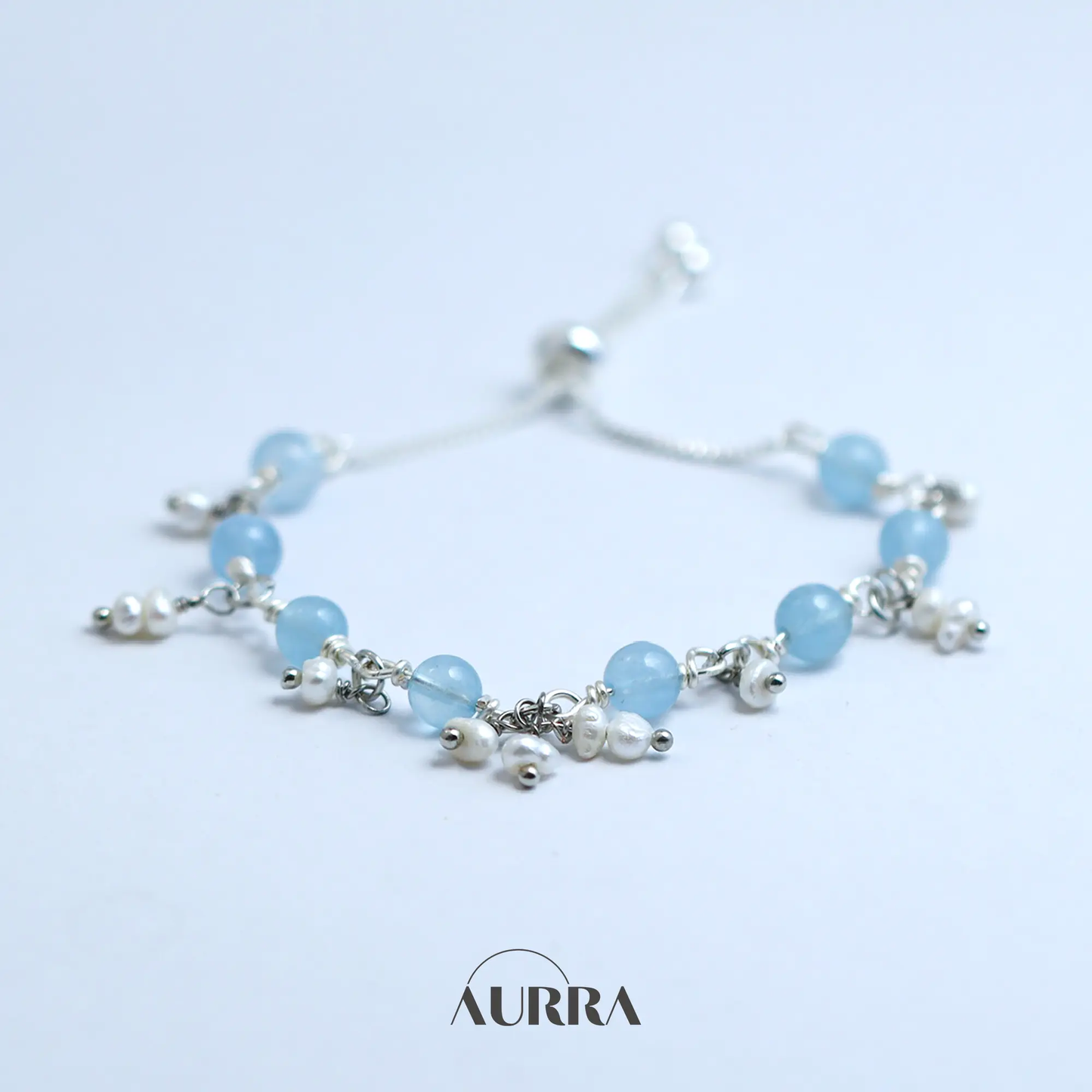 Ocean Whisper | Aquamarine & Pearl Wire-Wrapped Link Bracelet  Aurra Crystal