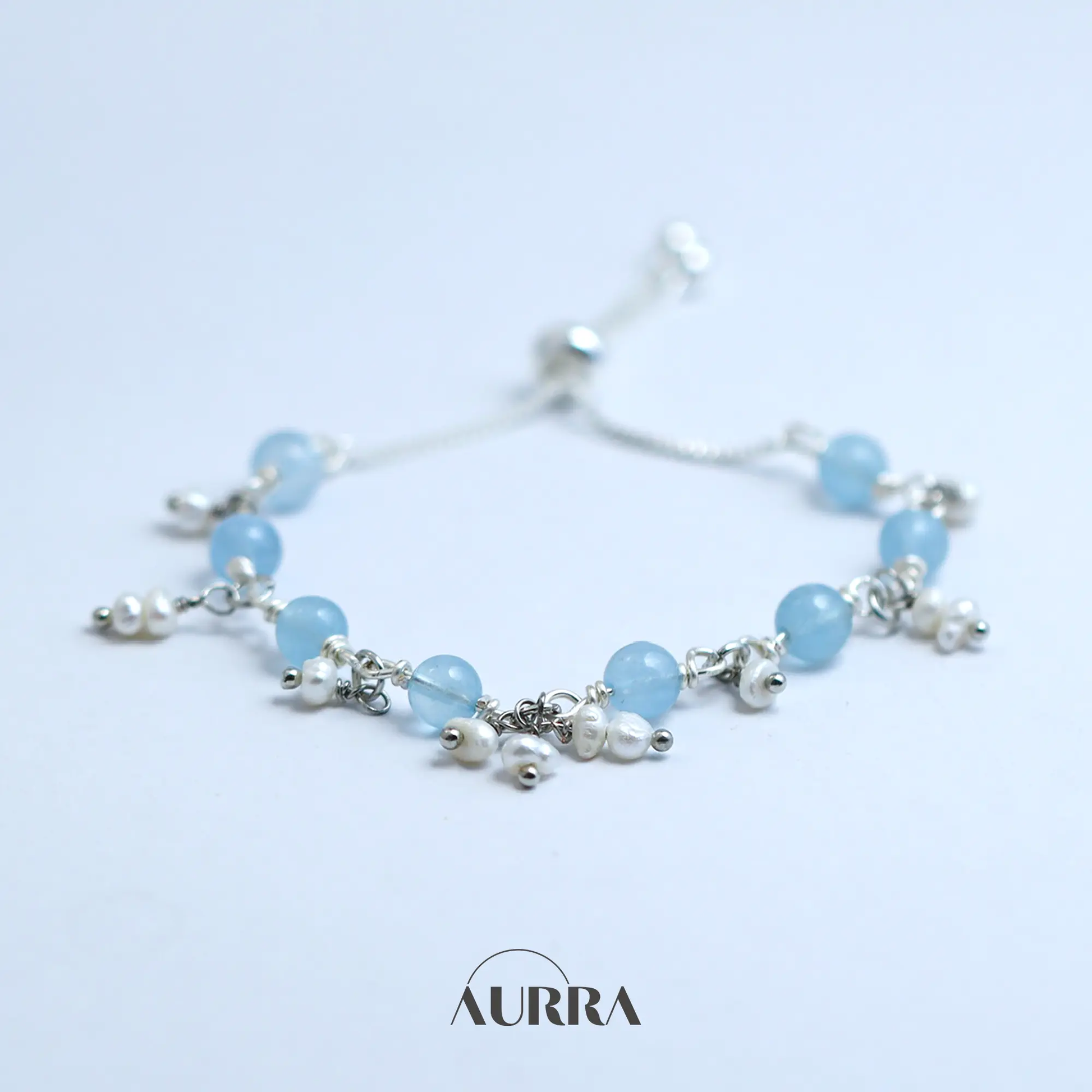 Ocean Whisper | Aquamarine & Pearl Wire-Wrapped Link Bracelet  Aurra Crystal