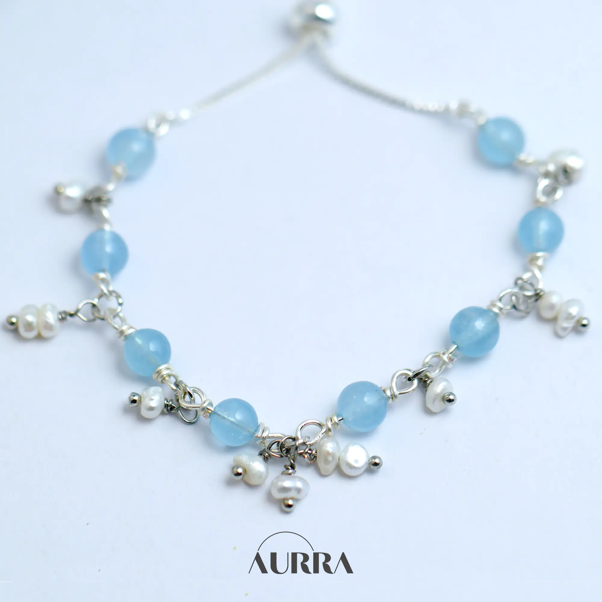 Ocean Whisper | Aquamarine & Pearl Wire-Wrapped Link Bracelet  Aurra Crystal