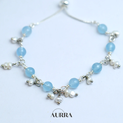 Ocean Whisper | Aquamarine & Pearl Wire-Wrapped Link Bracelet  Aurra Crystal