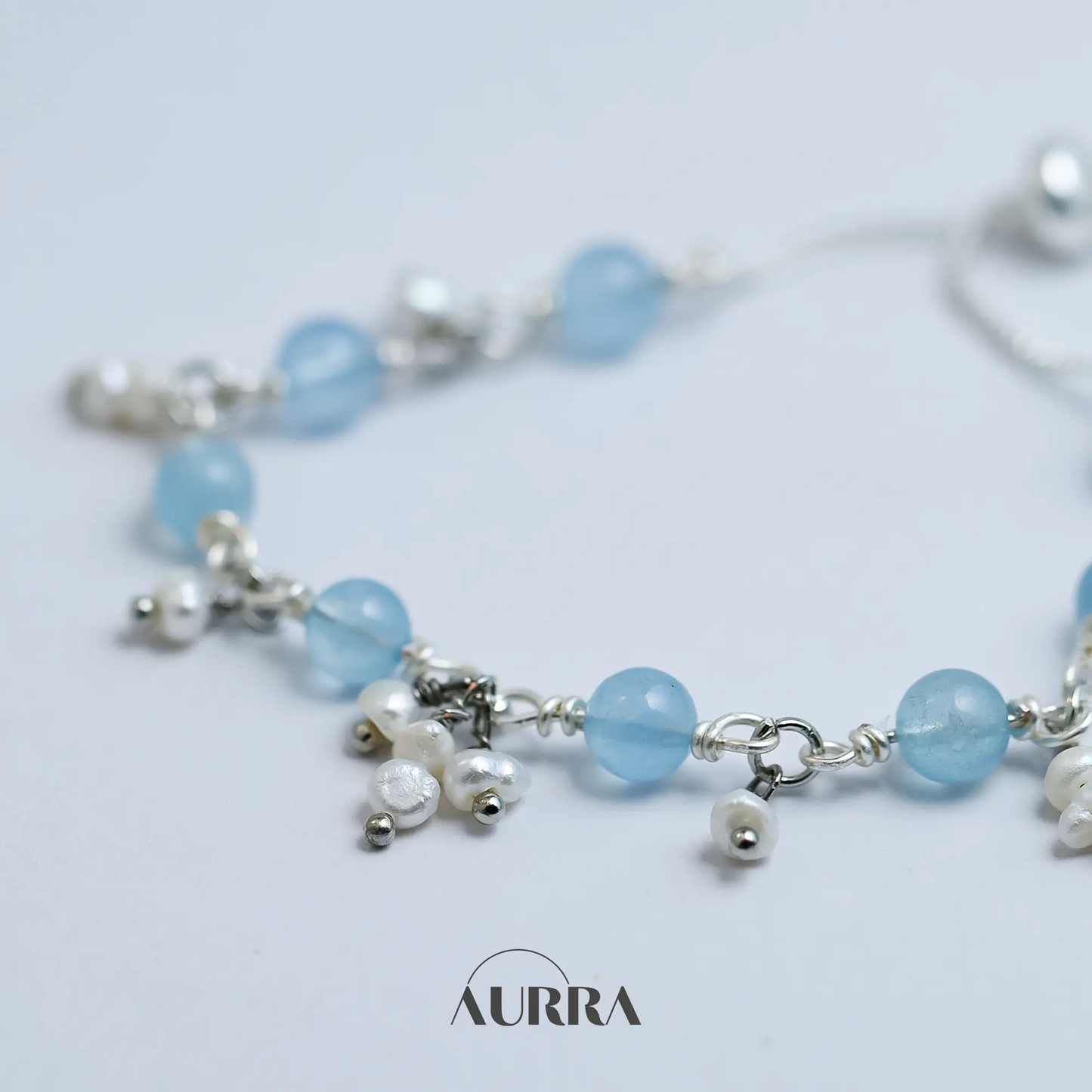 Ocean Whisper | Aquamarine & Pearl Wire-Wrapped Link Bracelet  Aurra Crystal