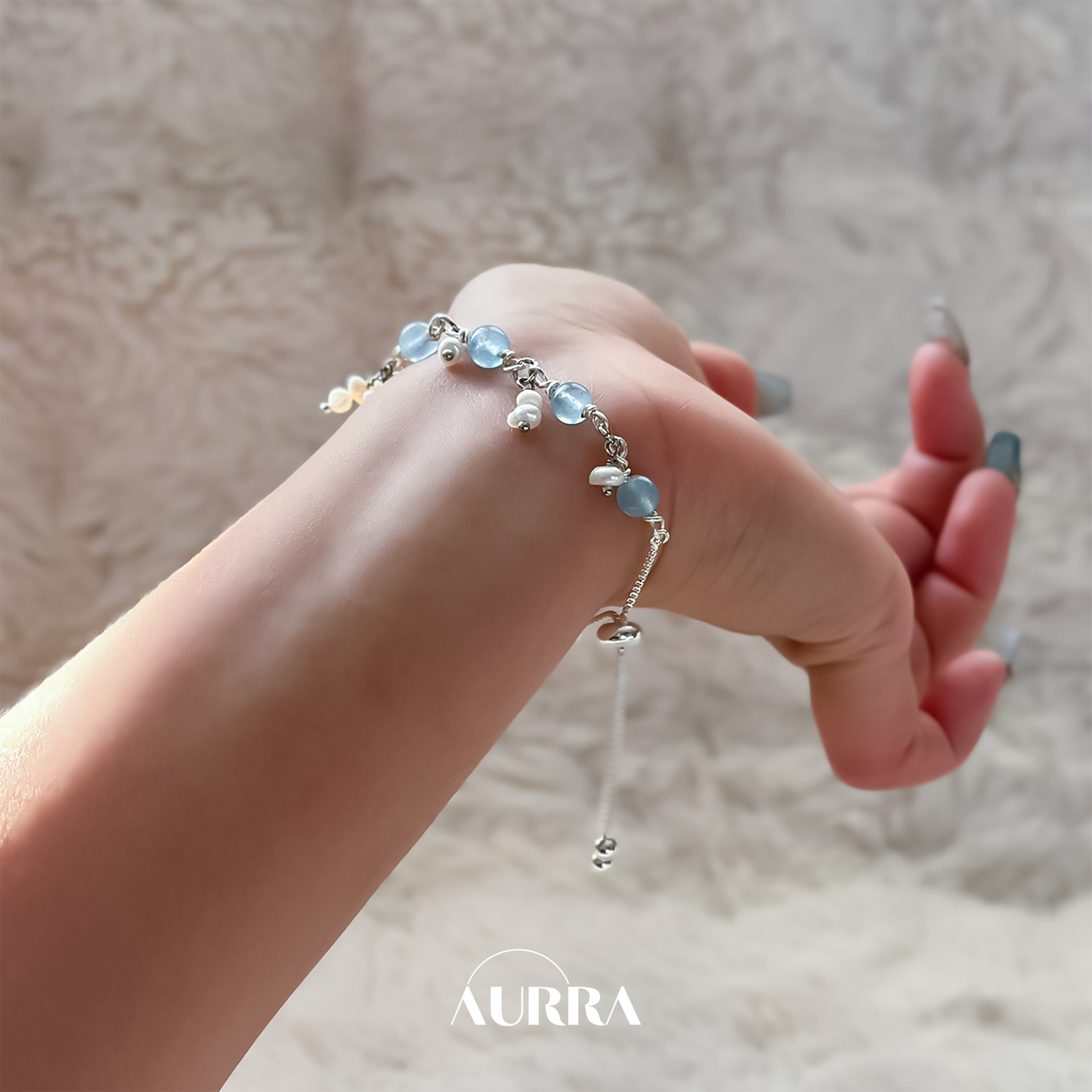 Ocean Whisper | Aquamarine & Pearl Wire-Wrapped Link Bracelet  Aurra Crystal