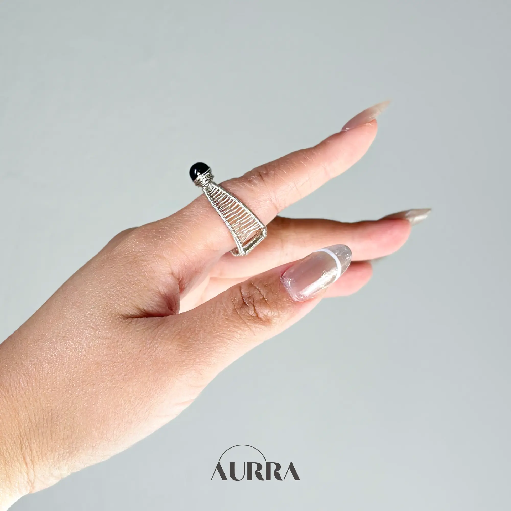Protection | Black Tourmaline Adjustable Open Ring with Bow Wire Design  Aurra Crystal