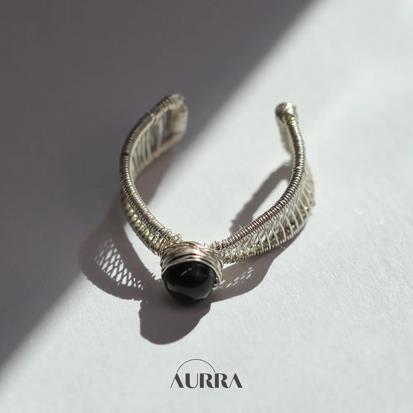 Protection | Black Tourmaline Adjustable Open Ring with Bow Wire Design  Aurra Crystal