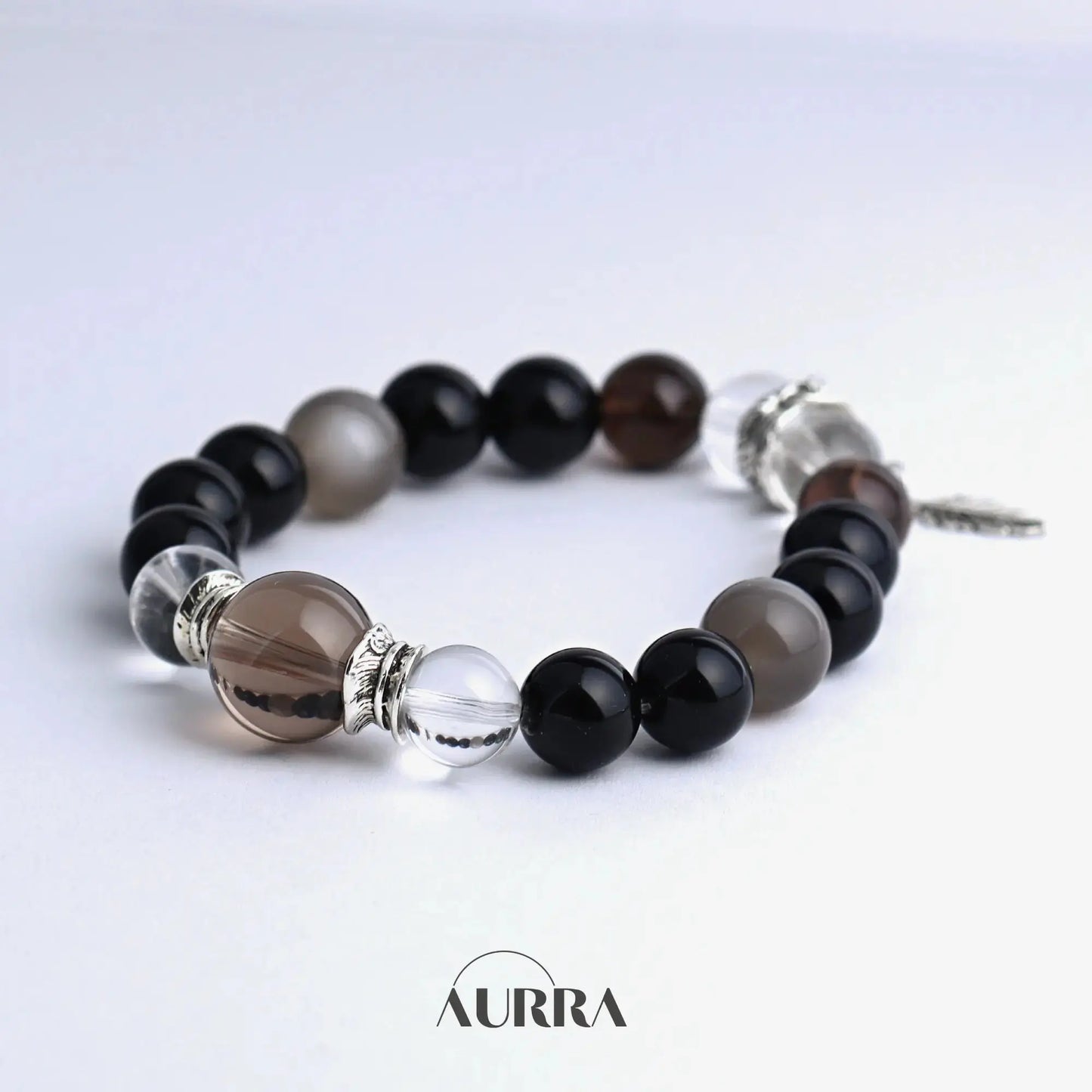 Protection| Black Obsidian, Smoky Quartz and Silver Moonstone Bracelet Aurra Crystal