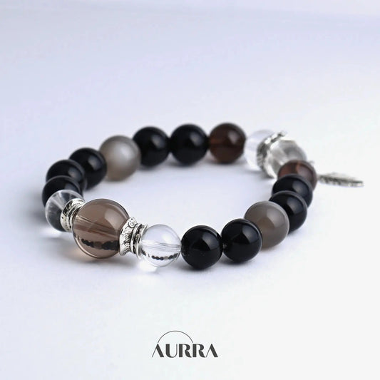Protection| Black Obsidian, Smoky Quartz and Silver Moonstone Bracelet Aurra Crystal