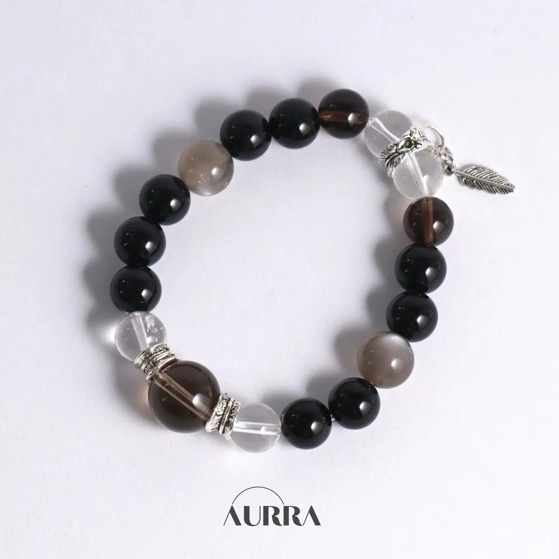 Protection| Black Obsidian, Smoky Quartz and Silver Moonstone Bracelet Aurra Crystal