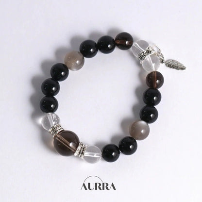 Protection| Black Obsidian, Smoky Quartz and Silver Moonstone Bracelet Aurra Crystal