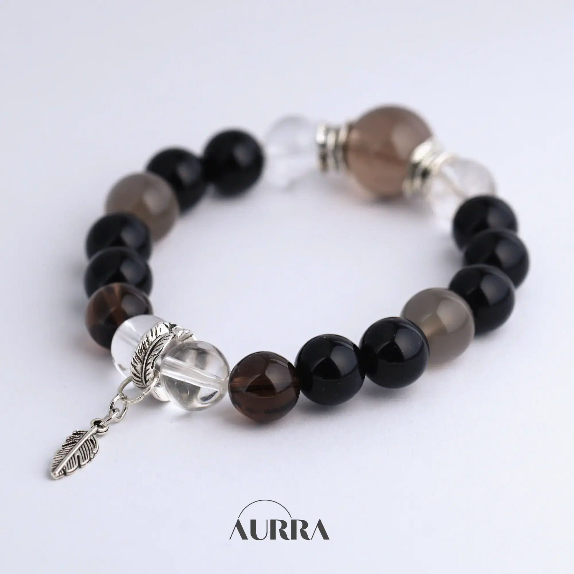 Protection| Black Obsidian, Smoky Quartz and Silver Moonstone Bracelet Aurra Crystal