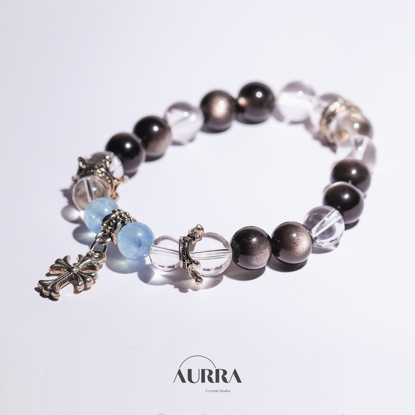 Increase Self Confidence | Aquamarine & Silver Obsidian Bracelet