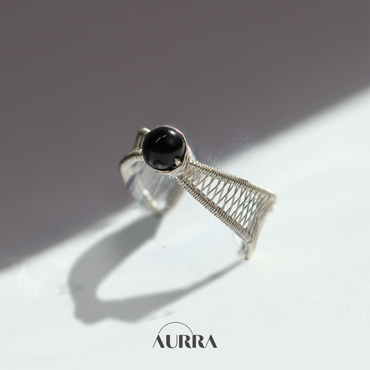 Protection | Black Tourmaline Adjustable Open Ring with Bow Wire Design