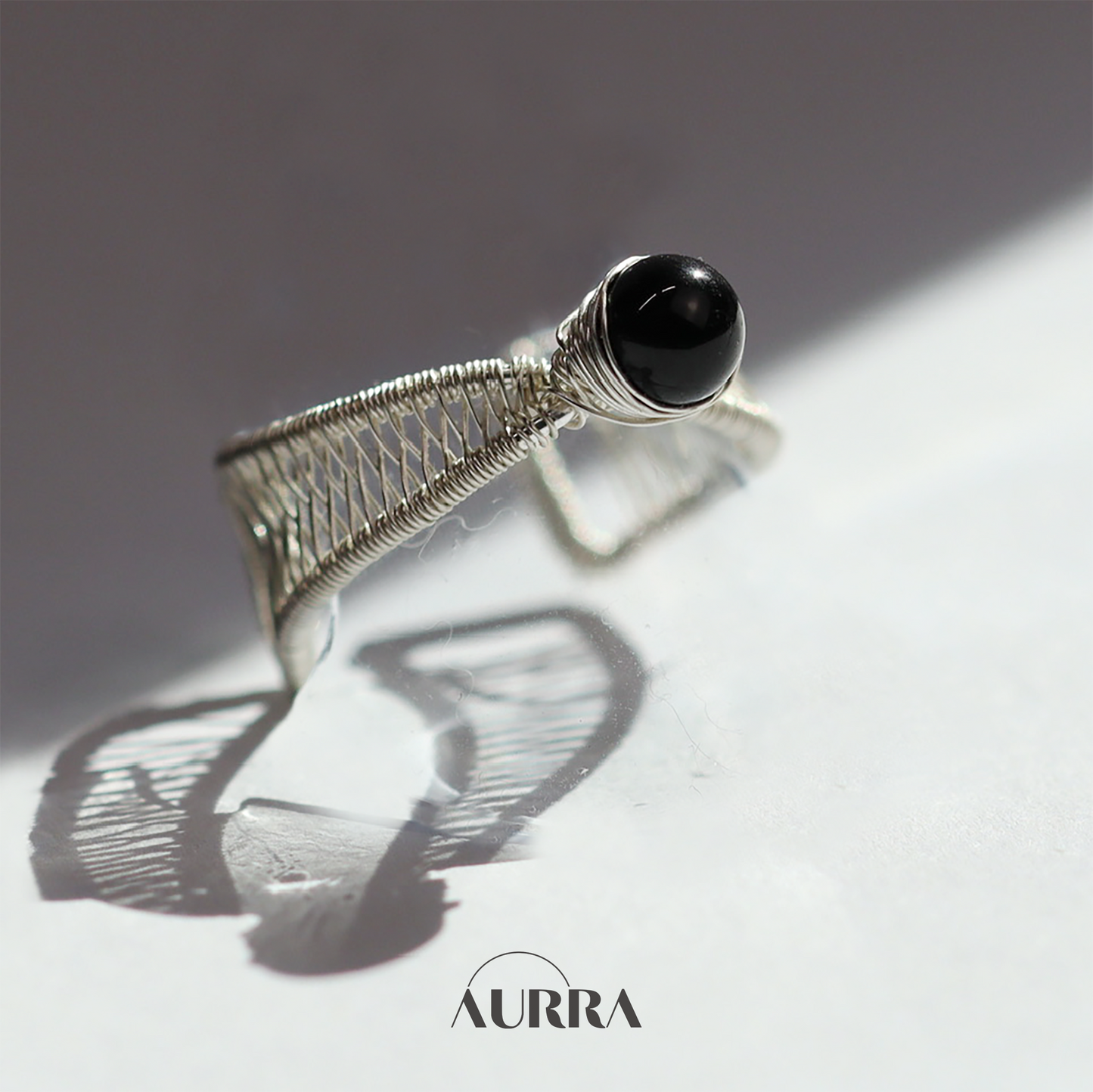 Protection | Black Tourmaline Adjustable Open Ring with Bow Wire Design