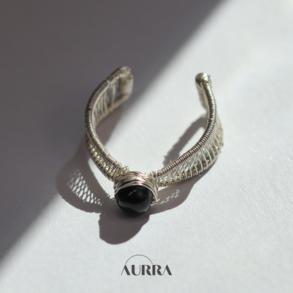 Protection | Black Tourmaline Adjustable Open Ring with Bow Wire Design