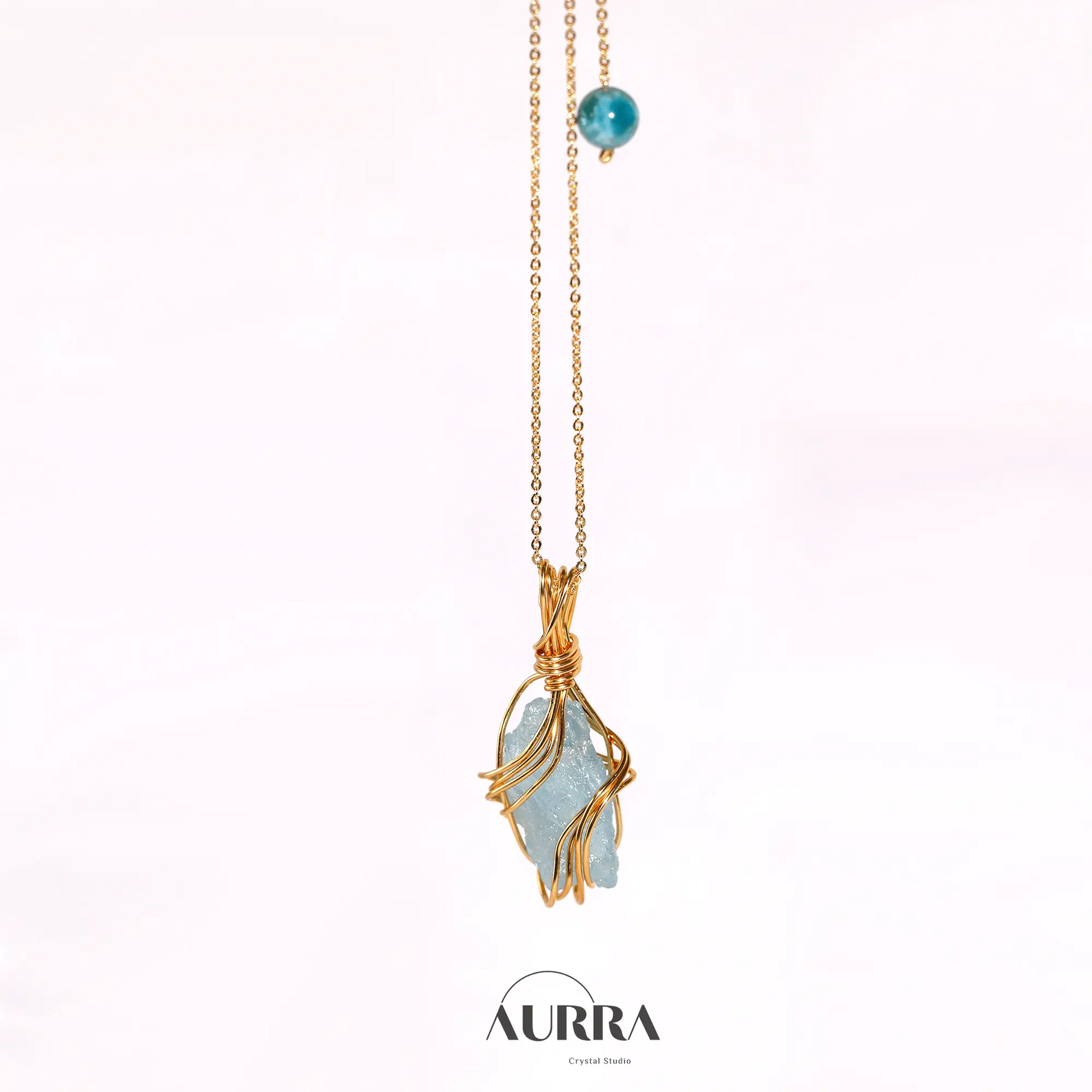 Stress Relief | Hand - wired & Adjustable Length Natural Aquamarine Necklace - Aurra Crystal