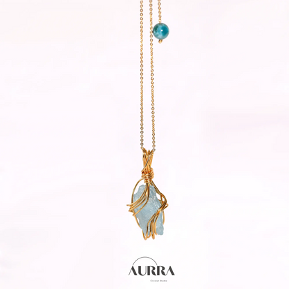 Stress Relief | Hand - wired & Adjustable Length Natural Aquamarine Necklace - Aurra Crystal