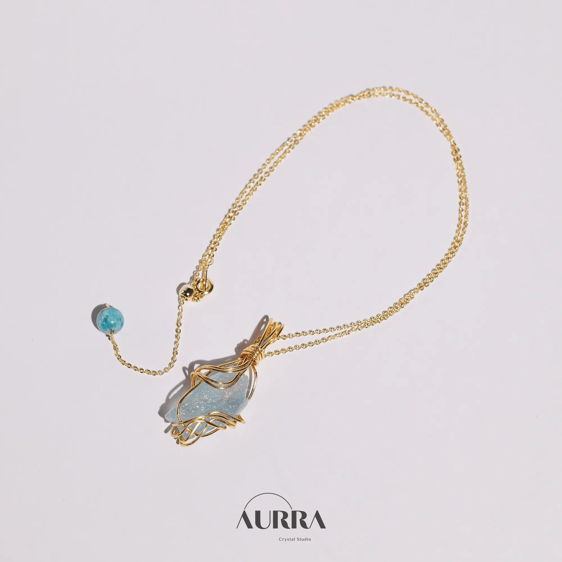 Stress Relief | Hand - wired & Adjustable Length Natural Aquamarine Necklace - Aurra Crystal