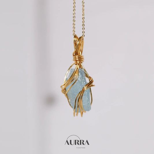 Stress Relief | Hand - wired & Adjustable Length Natural Aquamarine Necklace - Aurra Crystal