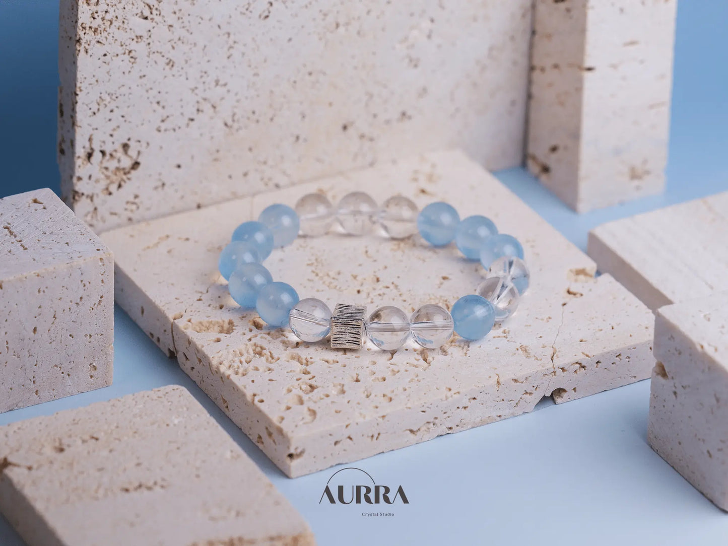 Stress Relief & Sleep Support | Aquamarine & Clear Quartz Bracelet Healing Jewelry - Aurra Crystal