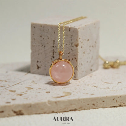 Attract Love & Heart Healing | Pink Quartz Hand - wired Pendant Necklace - Aurra Crystal