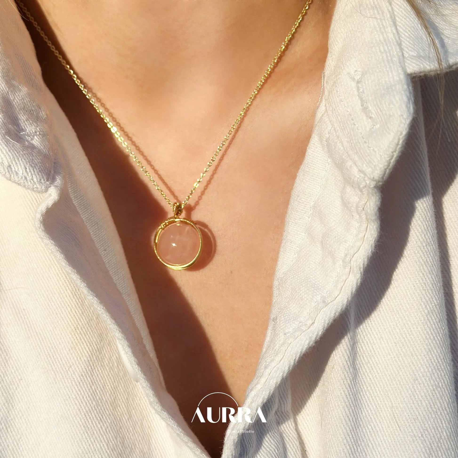 Attract Love & Heart Healing | Pink Quartz Hand - wired Pendant Necklace - Aurra Crystal