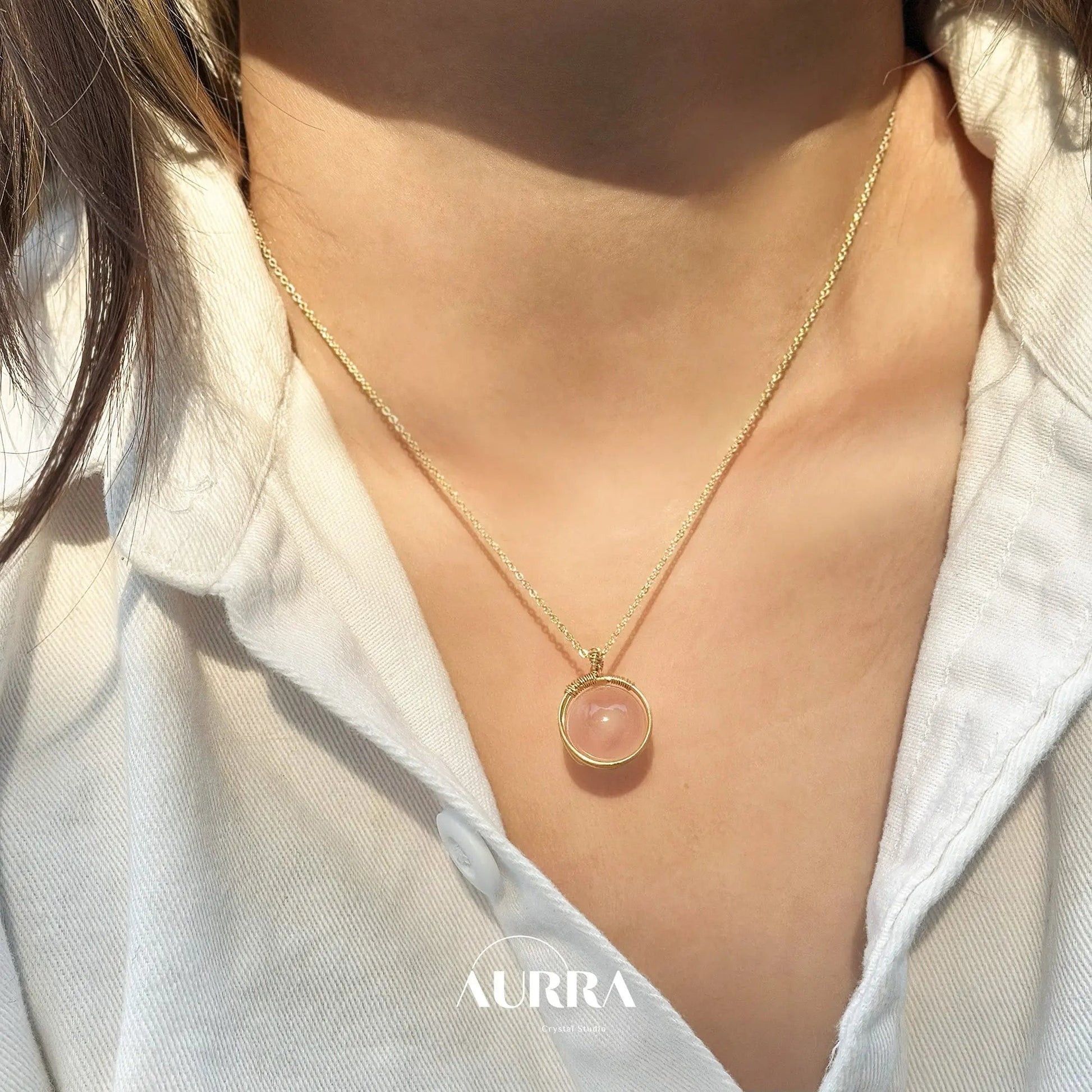 Attract Love & Heart Healing | Pink Quartz Hand - wired Pendant Necklace - Aurra Crystal